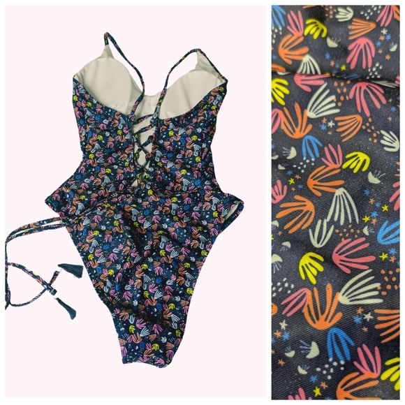 Highcut Lace Up One Piece (Tassel Tie Ends) Navy JellyFish "BirdFeet" Print NWOT - Picture 2 of 9